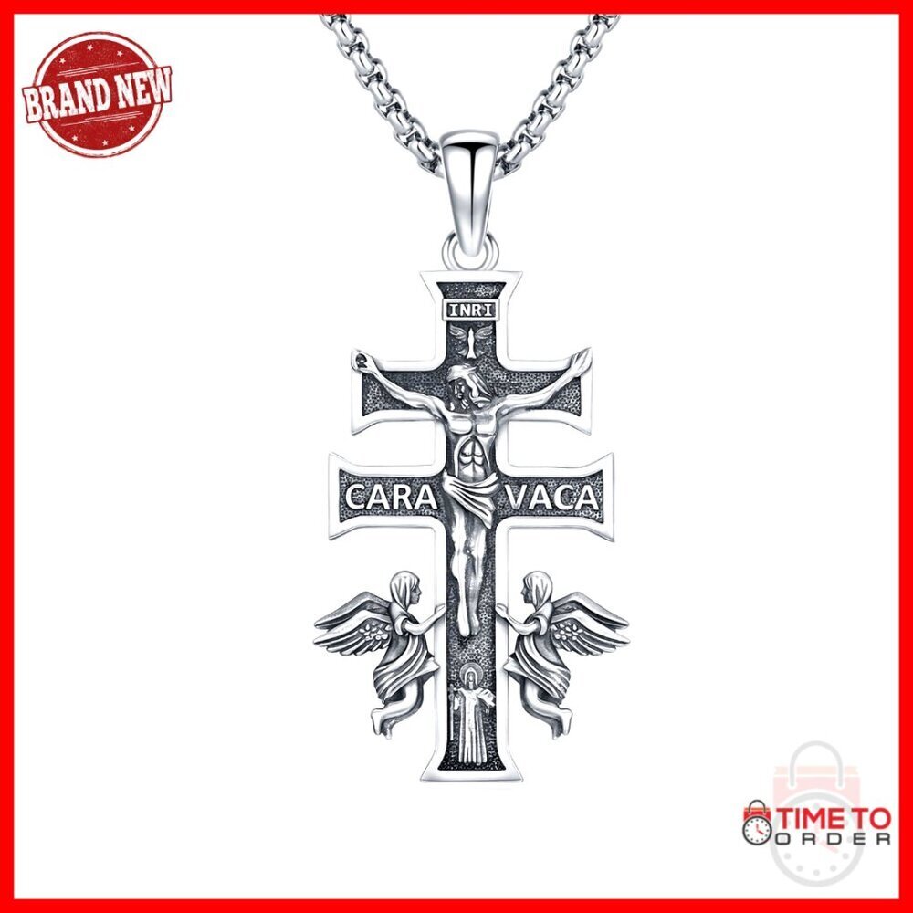 925 Sterling Silver Caravaca Cross Protection Pendant Necklace 24"